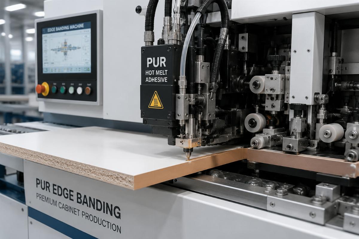PUR edge banding application for premium cabinet production PUR edge banding machine applying adhesive to cabinet panel edge