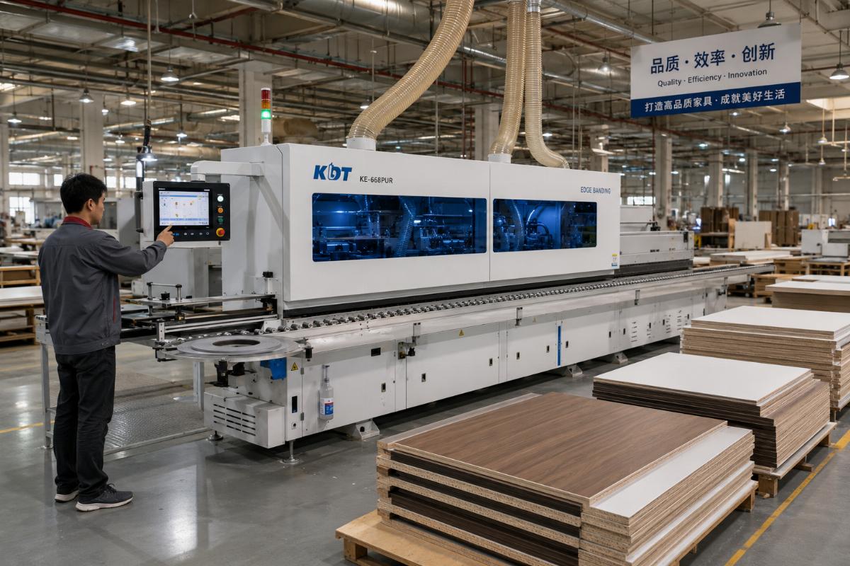 PUR edge banding machine for premium furniture production Mid-scale furniture production floor with automatic PUR edge banding machine running
