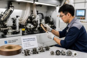A production line worker inspecting matched edge banding glue, cutters and rollers on a fully automatic edge bander