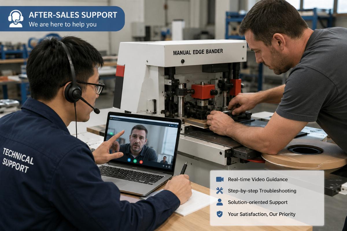 Required after-sales support for edge bander purchases Manufacturer technical support team troubleshooting a manual edge bander for an overseas client