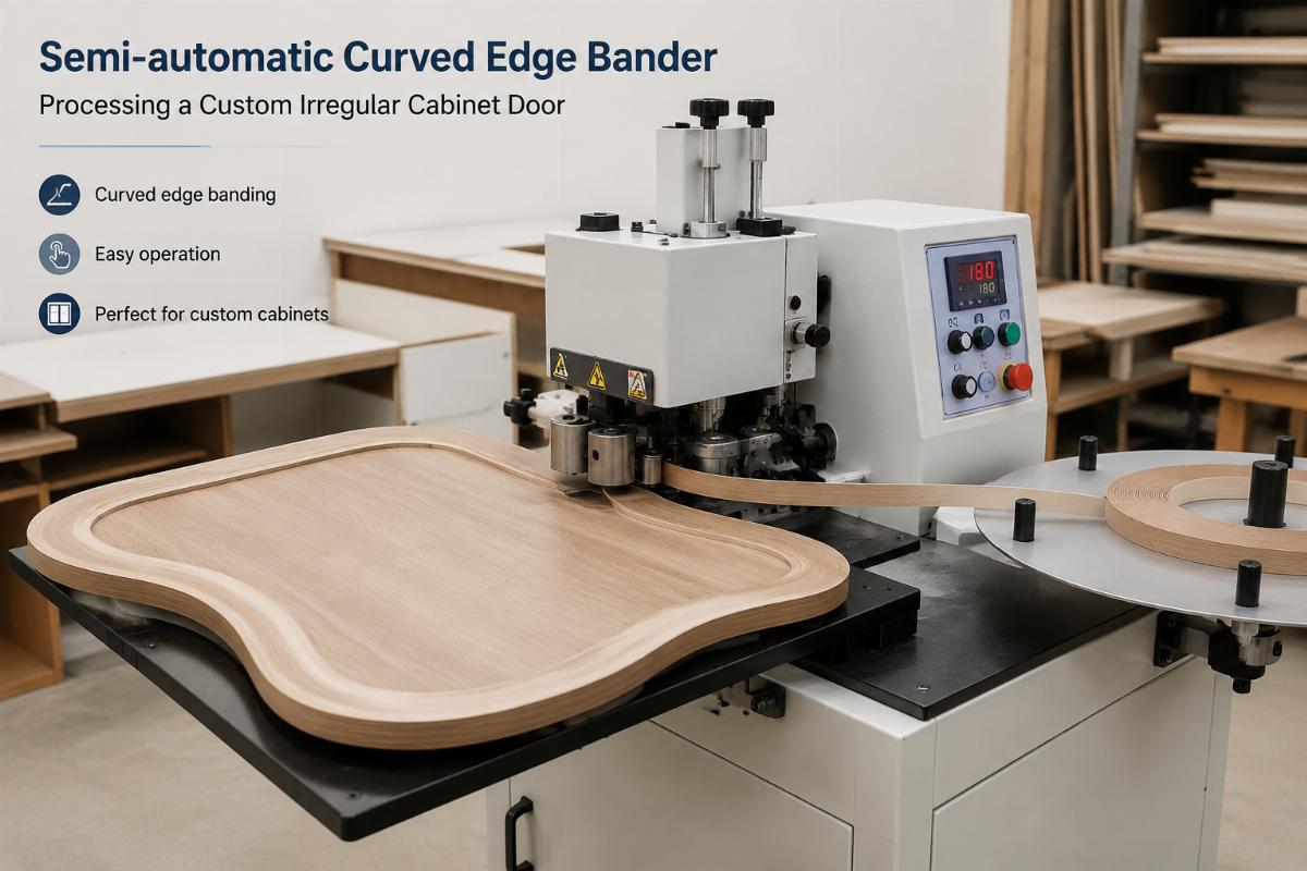semi-automatic curved edge bander for custom cabinets Semi-automatic curved edge bander processing a custom irregular cabinet door
