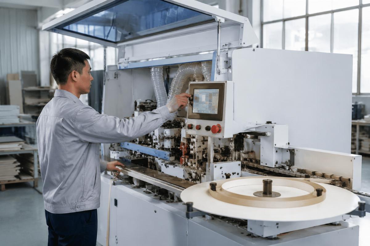 semi-automatic PUR edge bander for small furniture workshops Operator adjusting settings on semi-automatic PUR edge banding machine