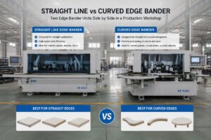 Two edge bander units side by side in a production workshop, one straight line and one curved
