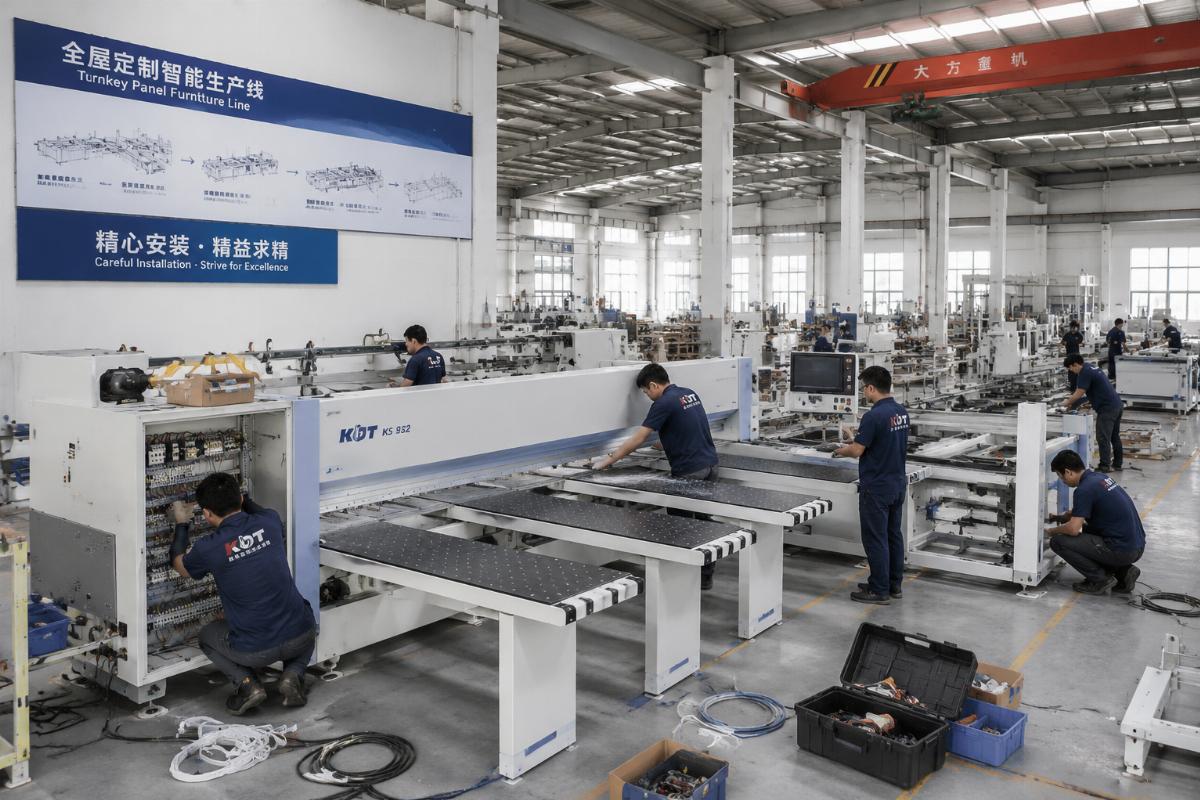 turnkey panel furniture line on-site assembly A team of technicians assembling nested CNC and beam saw equipment in a spacious panel furniture factory