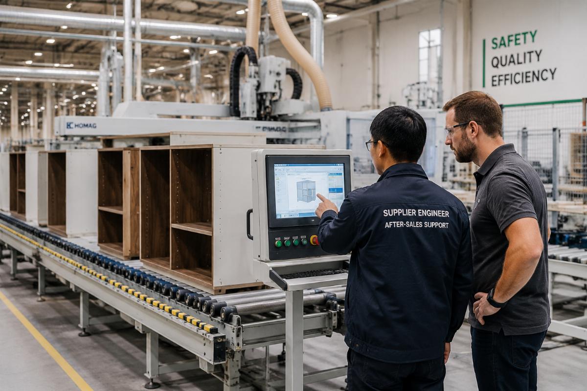 woodworking machinery supplier after-sales support Supplier engineer commissioning an installed cabinet assembly line on a customer site