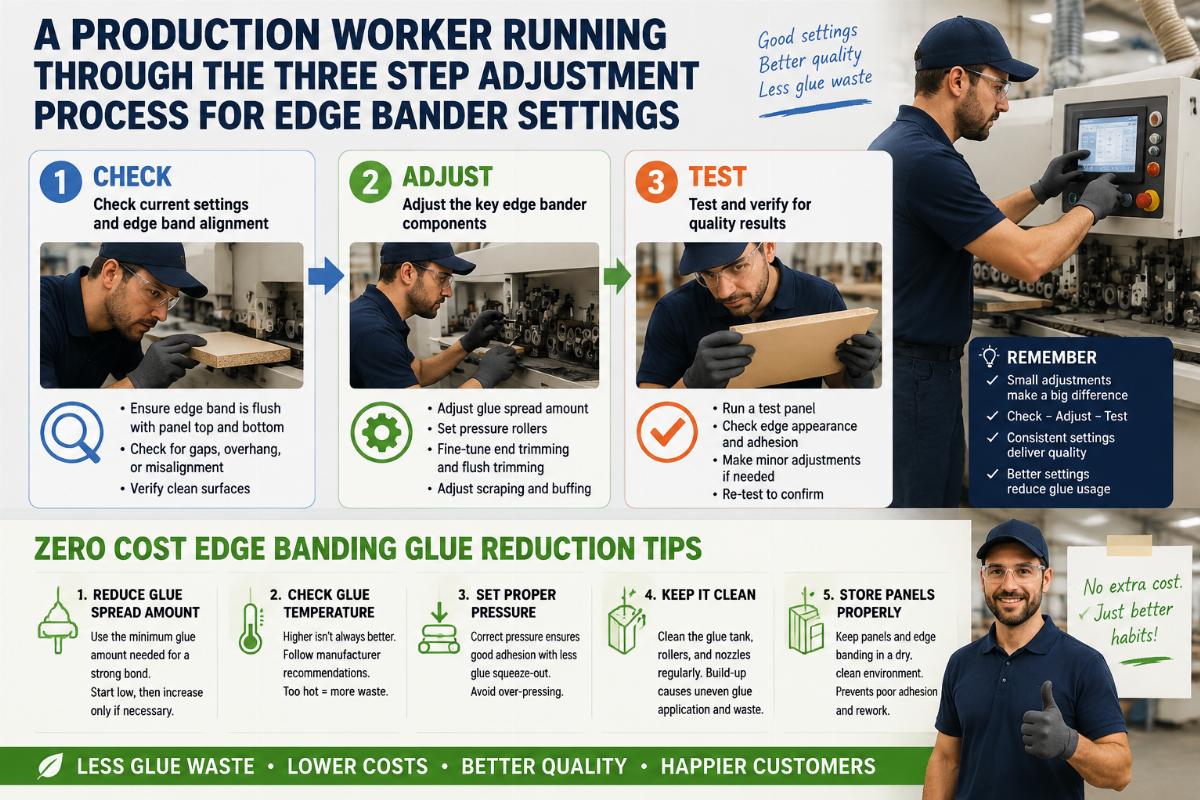 zero cost edge banding glue reduction tips A production worker running through the three step adjustment process for edge bander settings